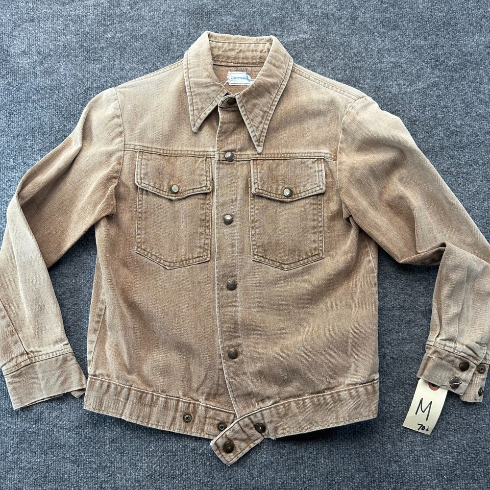 Vintage 70s Saks Fifth Avenue Trucker Jacket Mens Medium Tan Denim Snap Front